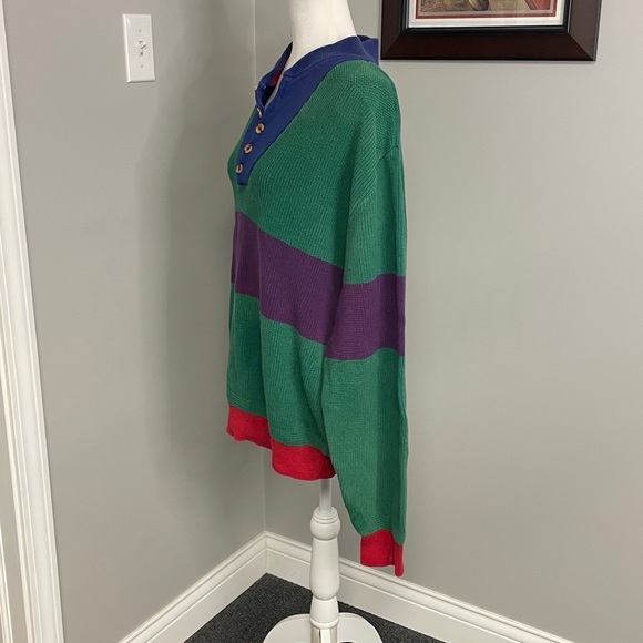 VTG Land's End Men's L Colorblock Cotton Pullover Sweater Green Stripe Henley - Picture 2 of 4